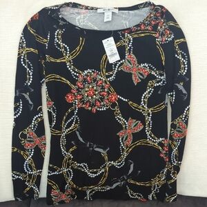 White House Black Market Black and Red Chain Print Top